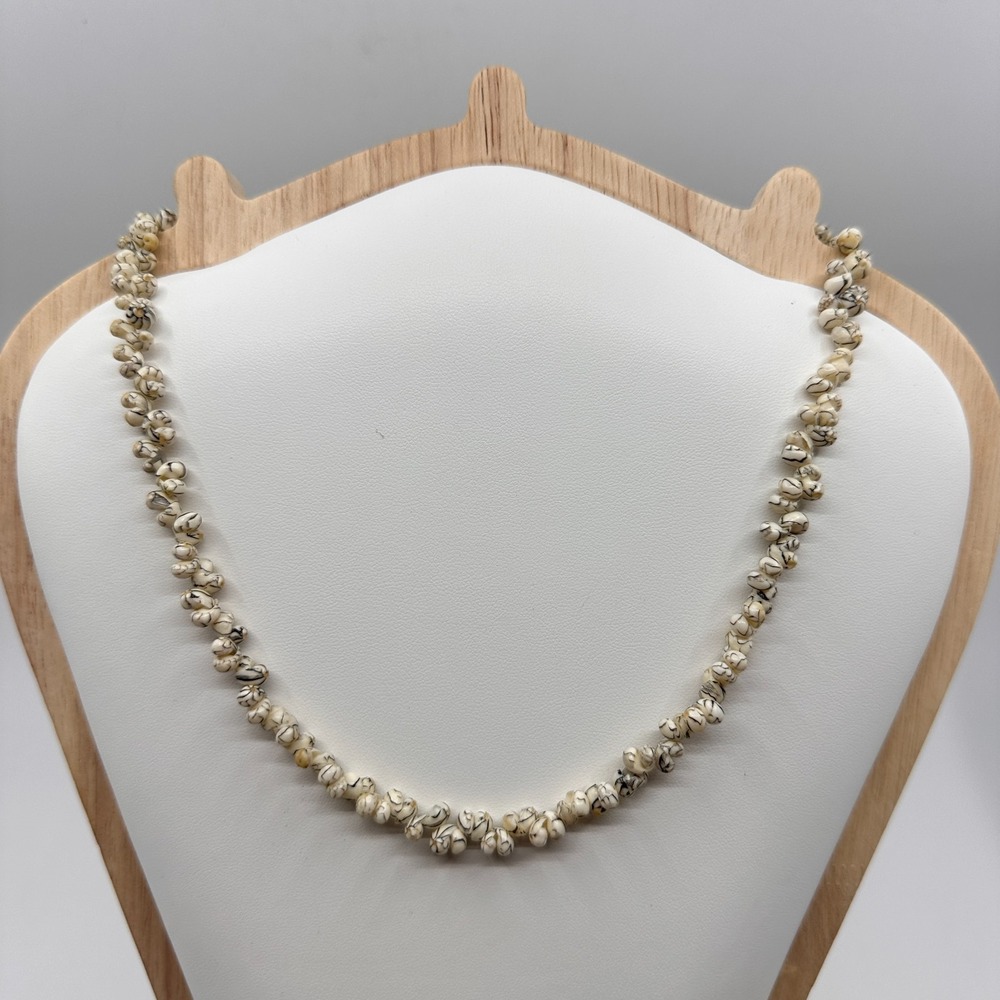 White Shell Bead Cluster Necklace Black Pattern Boho Beach Statement Layering